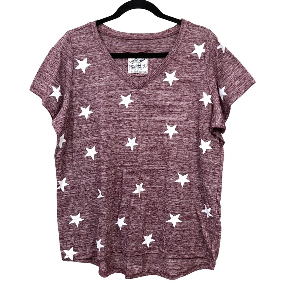 Reflex Women T-Shirt Top V-Neck Star Print Relaxed Burgundy Heather Size 1XL*